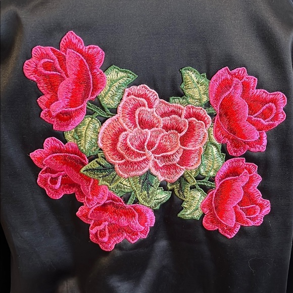 Floral Embroidered Satiny Bomber Jacket, Size M - Picture 7 of 13
